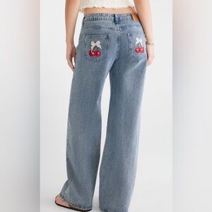 J for Justify Light Blue Wide Leg Jeans with Cherry Embroidery